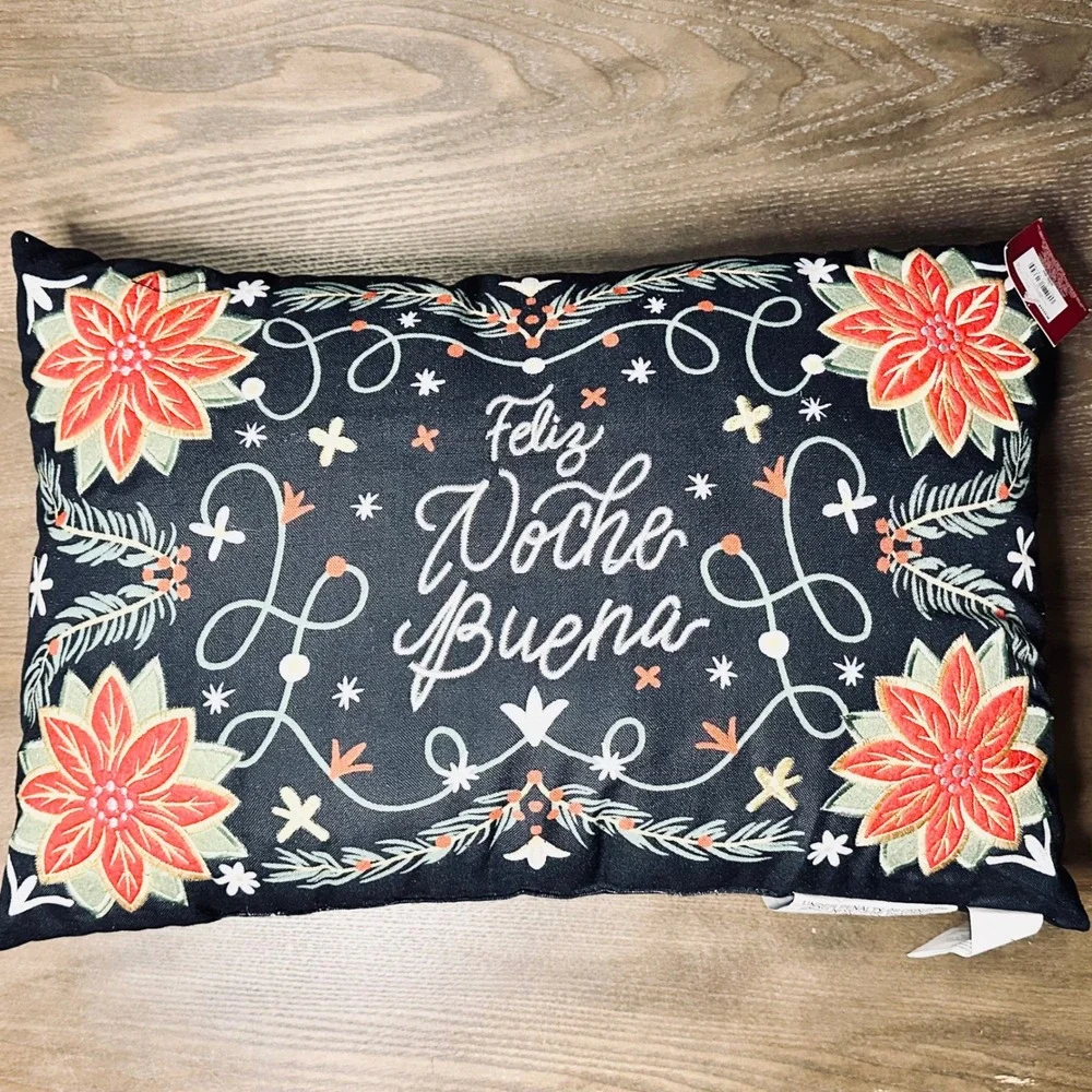 Feliz‎ Noche Buena Poinsettia Christmas Pillow Embroidered Black Accent BNWT